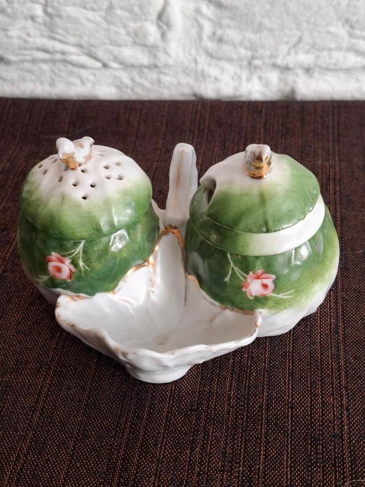 Antiek tafel setje. Condimenten setje. Groen, wit, roze., Antiek en Kunst, Antiek | Keukenbenodigdheden, Ophalen of Verzenden