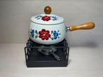 Vintage Emaille boerenbont fondue set met houten handsvat, Ophalen of Verzenden, Zo goed als nieuw, Brander