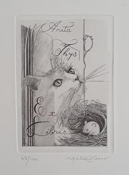 Exlibris / Ex libris Helene Nue, kat en muis, Antiek en Kunst, Kunst | Etsen en Gravures, Verzenden