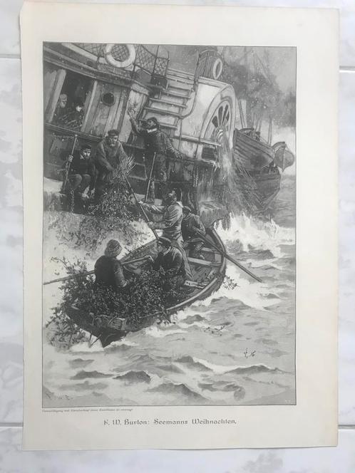 F.W.Burton: Seemanns Weihnachten, 1900, gravure, 32x22cm., Verzamelen, Scheepvaart, Kaart, Foto of Prent, Motorboot of Zeilboot