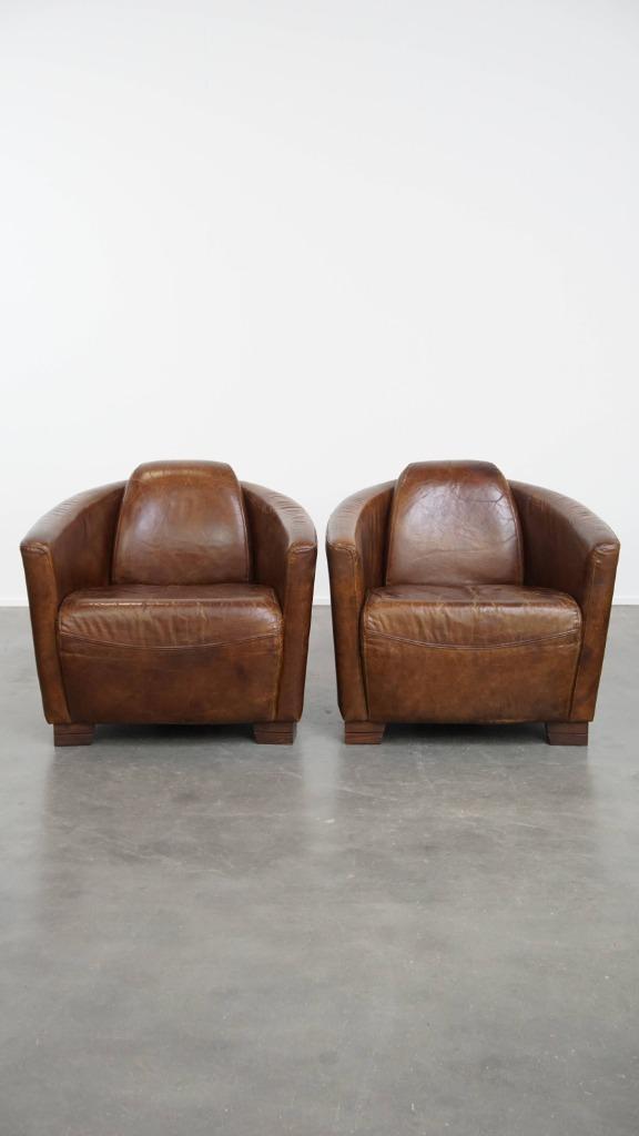Set van 2 bruine rundleren Aviator design fauteuils, Huis en Inrichting, Fauteuils, Gebruikt, Leer, 75 tot 100 cm, 75 tot 100 cm
