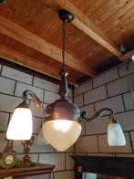Antieke hanglamp 3 armig glas ge etst bollen, Antiek en Kunst, Ophalen