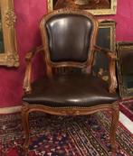 Brocante barok leren stoel hout antiek - bruin, Gebruikt, Ophalen of Verzenden, Hout, Bruin