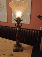Art Deco Pauwenlamp met Vrouw en Glazen Kap, Antiek en Kunst, Ophalen of Verzenden