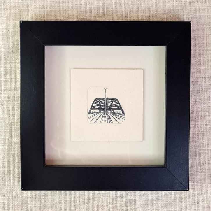 Etsje van Brienenoordbrug, Rotterdam met 3D lijstje 10x10 cm, Huis en Inrichting, Woonaccessoires | Schilderijen, Tekeningen en Foto's