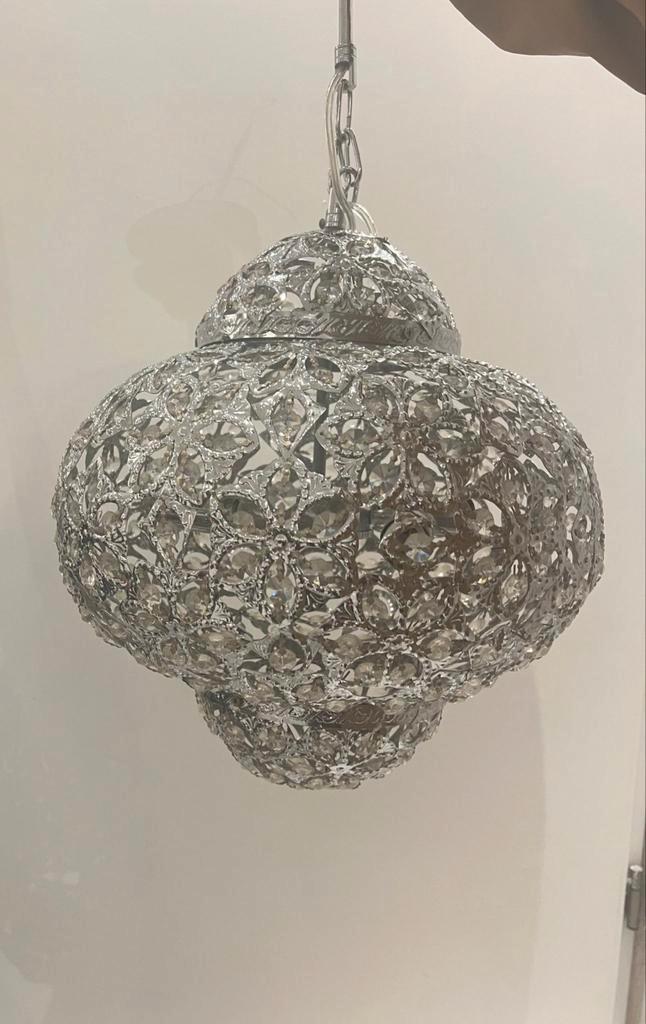 Decoratieve zilveren bol lamp, Huis en Inrichting, Lampen | Hanglampen, Gebruikt, 50 tot 75 cm, Glas, Metaal, Ophalen of Verzenden