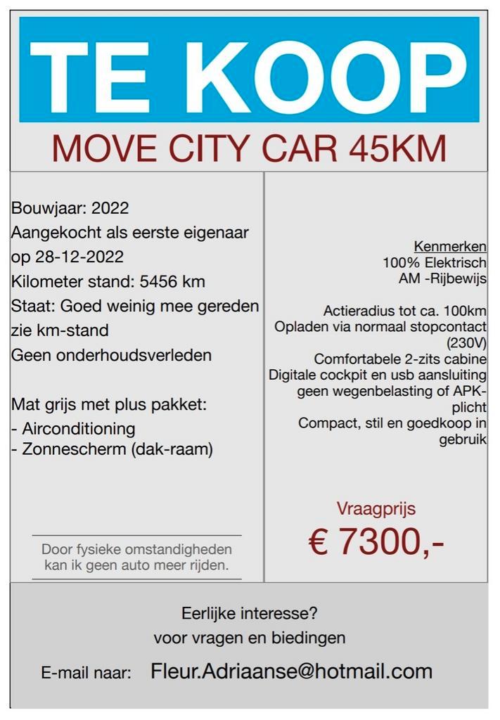 Move Citycar met weinig km!, Diversen, Brommobielen en Scootmobielen, Overige merken, 46 km of meer, 16 km/u of meer, Ophalen