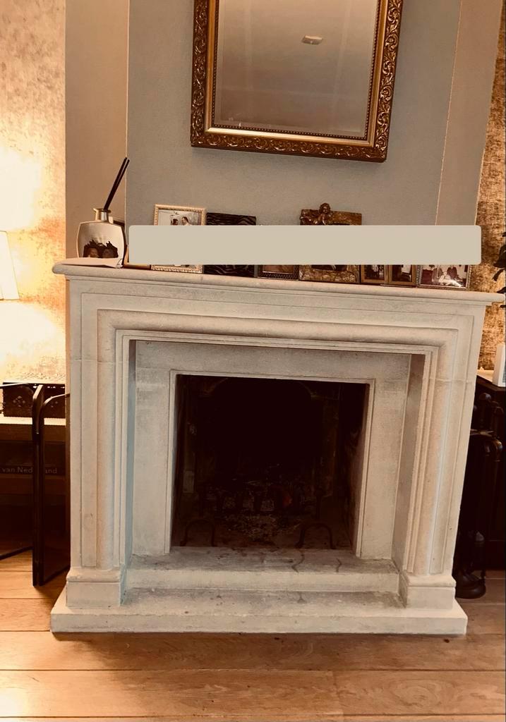 Kalkstenen openhaard schouw natuursteen creme wit, Huis en Inrichting, Haarden, Gebruikt, Houthaard, Ophalen