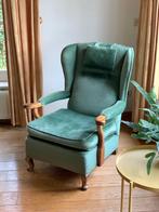 Groene velvet fauteuil, Ophalen, Vintage, Hout, 75 tot 100 cm