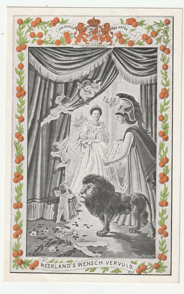 Neerland's Wensch Vervuld geboorte Juliana 1909, Verzamelen, Koninklijk Huis en Royalty, Gebruikt, Kaart, Foto of Prent, Nederland