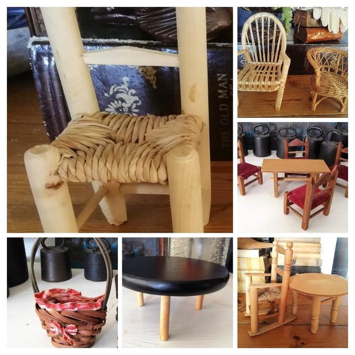 Rotan retro riet meubels voor een popje of barbie en hout, Antiek en Kunst, Curiosa en Brocante, Ophalen of Verzenden