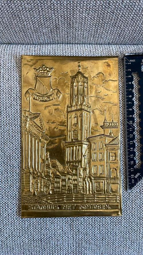 Wandbord Utrecht Stadhuis / Domtoren koper messing plaquette, Antiek en Kunst, Antiek | Wandborden en Tegels, Ophalen of Verzenden