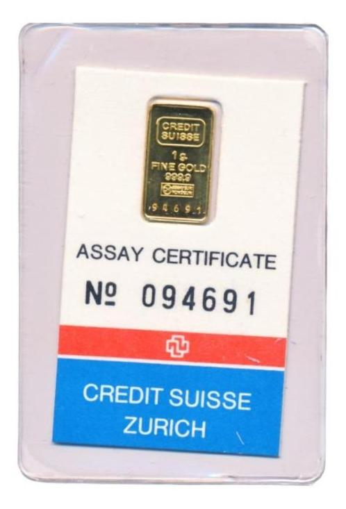 Goudbaar 1 gram goud Credit Suisse Zurich 1982, Postzegels en Munten, Edelmetalen en Baren, Goud, Ophalen of Verzenden