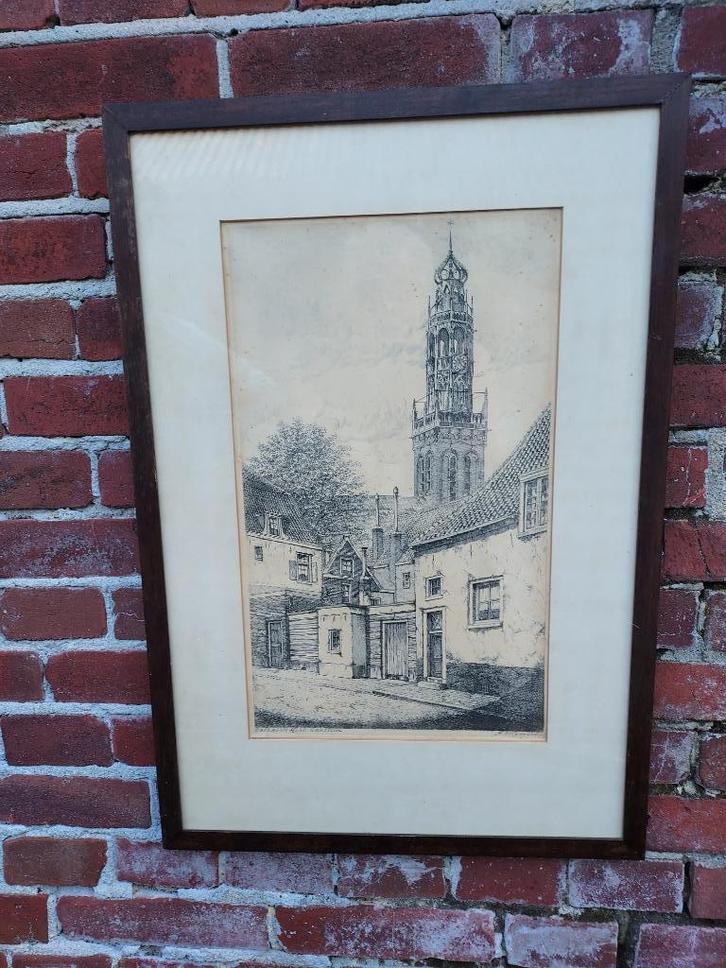 Ets Balkenesse kerk te Haarlem, gesigneerd A. van Hemerd., Antiek en Kunst, Kunst | Etsen en Gravures, Ophalen