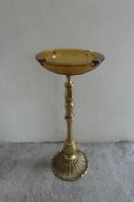 Vintage asbak oker glas op koperen standaard, Ophalen of Verzenden