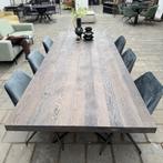 Eiken tafel + 6 blauwe draaistoelen, Ophalen, Gebruikt, 100 tot 150 cm, Eikenhout