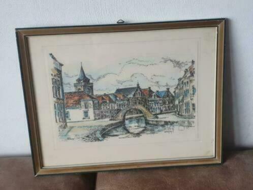 Aquarel woerden oude rijn voetbrug kokie molsbergen v  1961, Antiek en Kunst, Kunst | Schilderijen | Klassiek, Ophalen