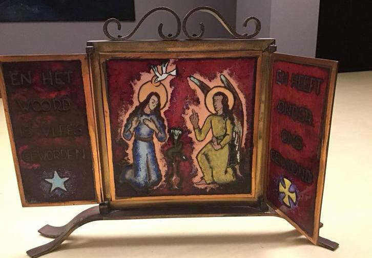 Geëmailleerd Huisaltaar Met afbeelding Annunciatie., Antiek en Kunst, Antiek | Religie, Ophalen of Verzenden