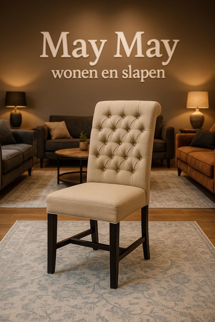 Eetkamerstoel Beige stof gecapitonneerd direct leverbaar, Huis en Inrichting, Stoelen, Zo goed als nieuw, Vier, Hout, Stof, Overige kleuren
