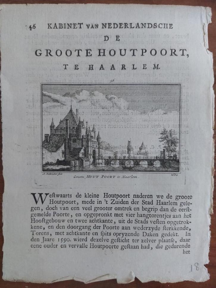 58 / Groote Hout Poort te Haarlem Gravure 18e eeuw, Antiek en Kunst, Kunst | Etsen en Gravures, Ophalen of Verzenden