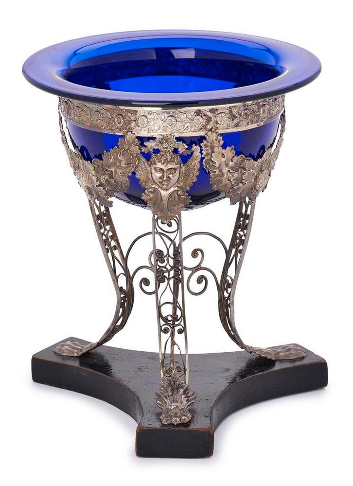 Antieke Empire blauwe glazen coupe met zilveren monturen, Antiek en Kunst, Antiek | Glas en Kristal, Ophalen of Verzenden