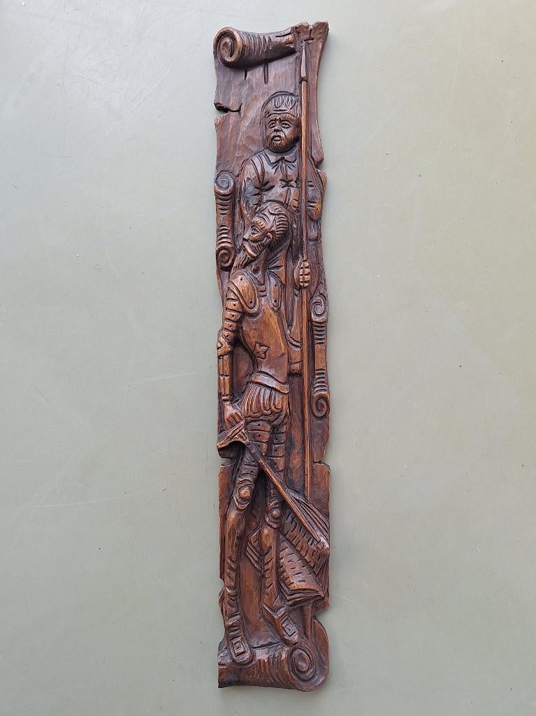 vintage houtsnijwerk Don Quichot 3D houten wand-paneel 80cm, Houtsnijwerk, Art nouveau, Hout, Bruin