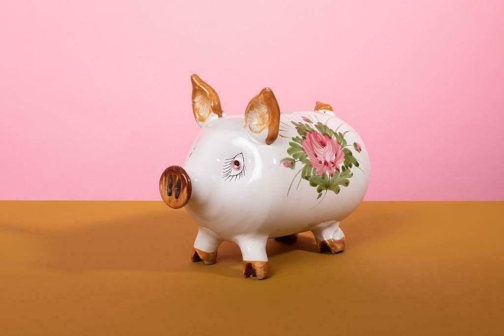 Spaarvarken handbeschilderd met bloemen, vintage uit Italie, Verzamelen, Spaarpotten, Ophalen of Verzenden, Gebruikt, Metaal of Blik