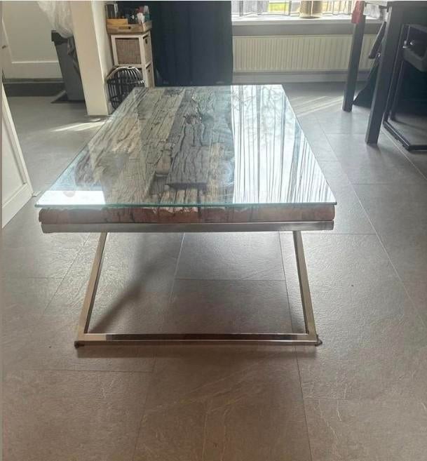 Eric Kuster stijl salontafel met glazen blad, Huis en Inrichting, Tafels | Salontafels, Ophalen, Glas, 100 tot 150 cm, 50 tot 100 cm