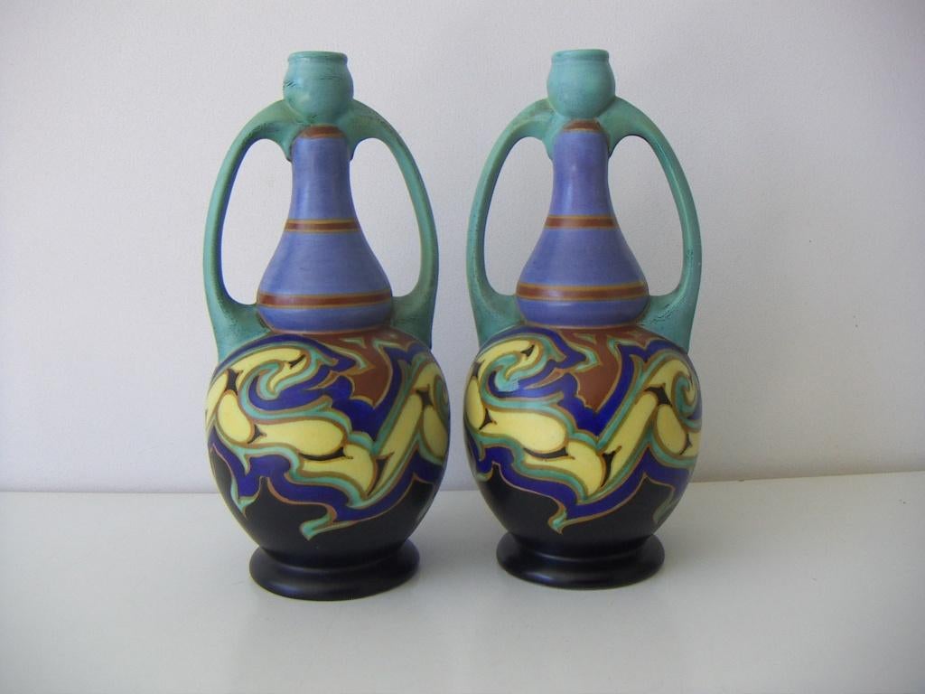 2 x Schoonhoven plateel keramiek vazen jr.ca.1925. Inspira., Antiek en Kunst, Ophalen of Verzenden