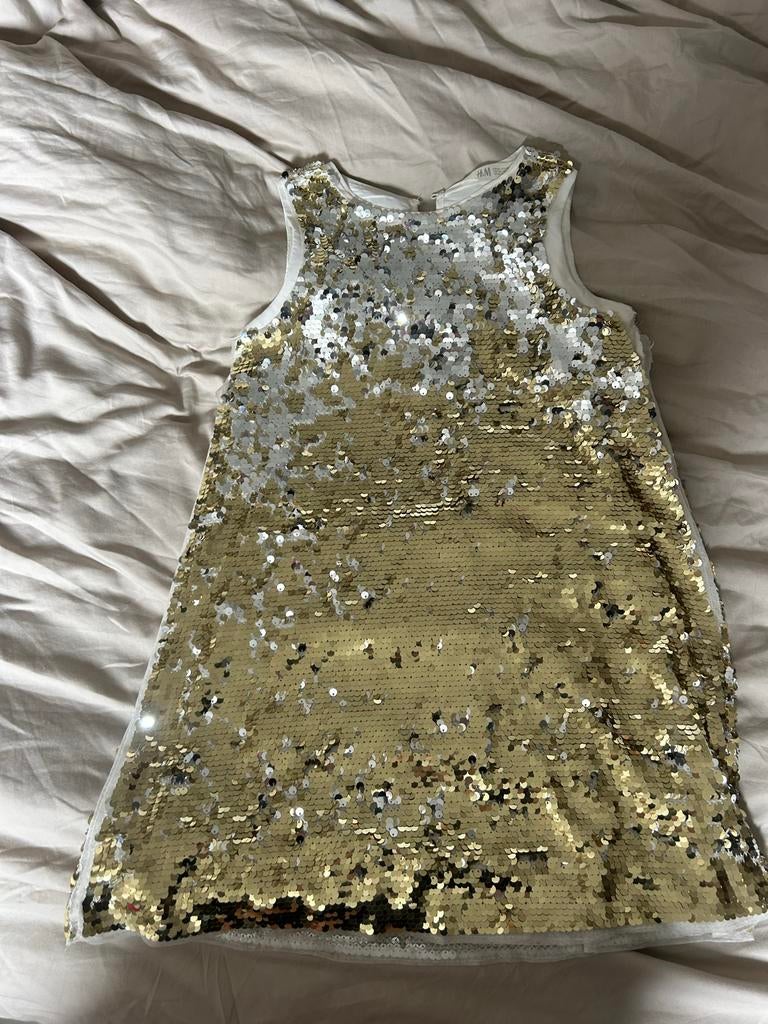 H&M pailletten jurk goud/zilver, maat 140, Ophalen of Verzenden, Zo goed als nieuw, Meisje, Jurk of Rok