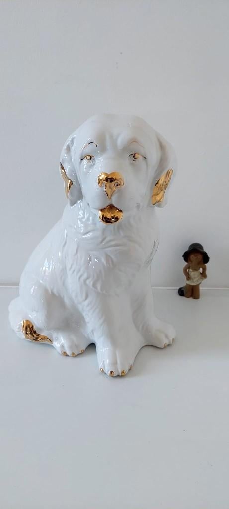 XXL Vintage beeld hond wit goud 35 cm 80 90s, Ophalen of Verzenden, Zo goed als nieuw, Dier