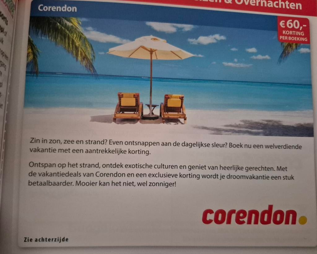 CORENDON 60 euro korting, Tickets en Kaartjes, Kortingen en Cadeaubonnen, Eén persoon, Kortingsbon
