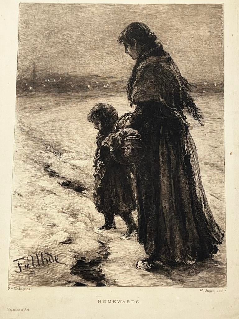 Antieke ets ‘Homewards’ Fritz von Uhde gravure W. Unger DL., Antiek en Kunst, Kunst | Etsen en Gravures, Ophalen of Verzenden