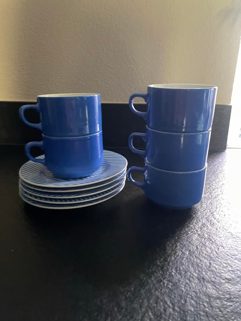Kahla All Stars Koffiekopjes met gestreepte schotels (5x), Huis en Inrichting, Gebruikt, Ophalen of Verzenden, Overige stijlen