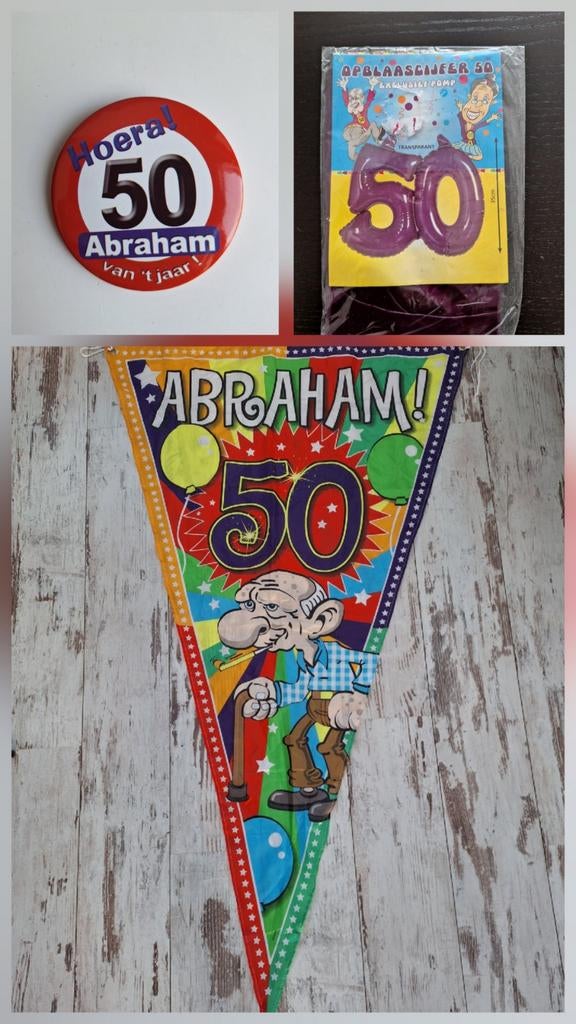 Abraham 50 jr feestpakket: grote vlag, button, opblaascijfer, Ophalen of Verzenden, Nieuw, Versiering, Abraham of Sarah