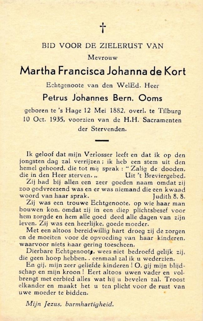 Kort Martha 1882 Den Haag 1935 Tilburg, Verzamelen, Bidprentjes en Rouwkaarten, Ophalen of Verzenden, Bidprentje