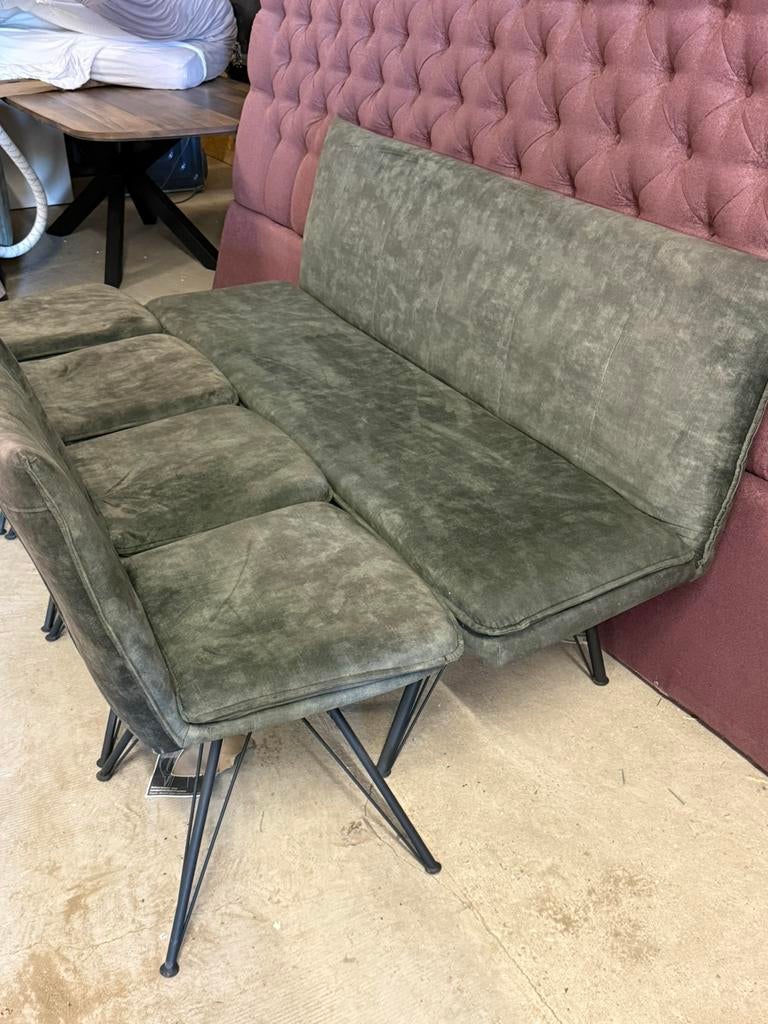 Design Bank + 4 Stoelen – Groen Velvet Set – Modern & Luxe, Tuin en Terras, Tuinsets en Loungesets, Zo goed als nieuw, Bank, Ophalen