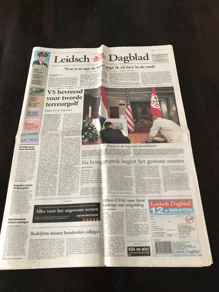 Leidsch dagblad 14 september 2001 vs bevreesd voor tweede, Ophalen of Verzenden, 1980 tot heden, Krant
