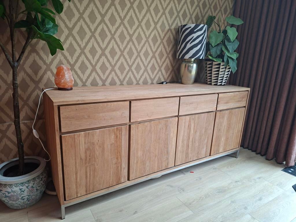 Kast teakhout rvs onderstel, Huis en Inrichting, Kasten | Dressoirs, Gebruikt, Met deur(en), 150 tot 200 cm, Ophalen of Verzenden