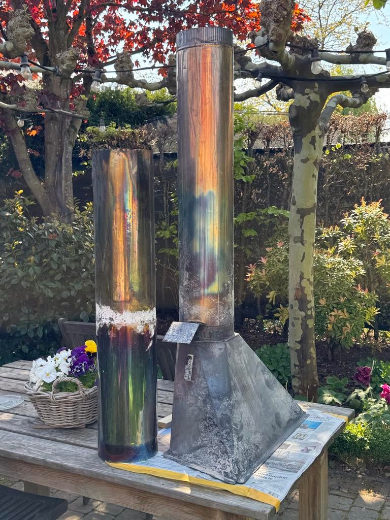 Stalen rookkap/schoorsteenkap met buizen voor open haard, Ophalen, Gebruikt, Vrijstaande haard, Houthaard