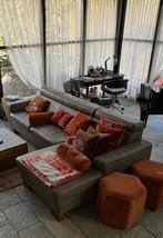 L bank met love chair en slaapbank - echt leer Mocca Hermes, 250 tot 300 cm, Ophalen of Verzenden, Zo goed als nieuw, Rechte bank