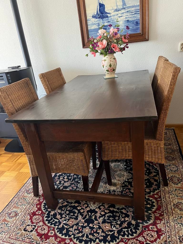 Eethoek met 4 rieten stoelen, Ophalen, Gebruikt, 100 tot 150 cm, 50 tot 100 cm