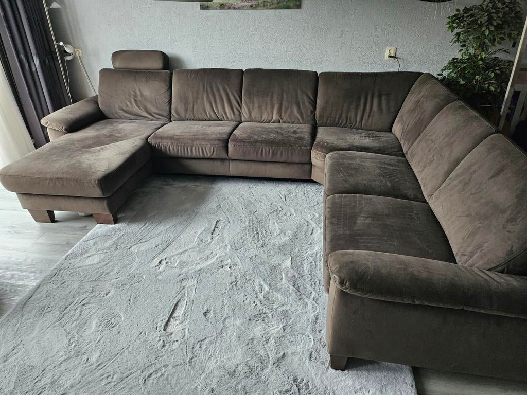 Donkerbruine hoekbank met opbergruimte - 7 persoons, Ophalen, Gebruikt, 100 tot 125 cm, Hoekbank