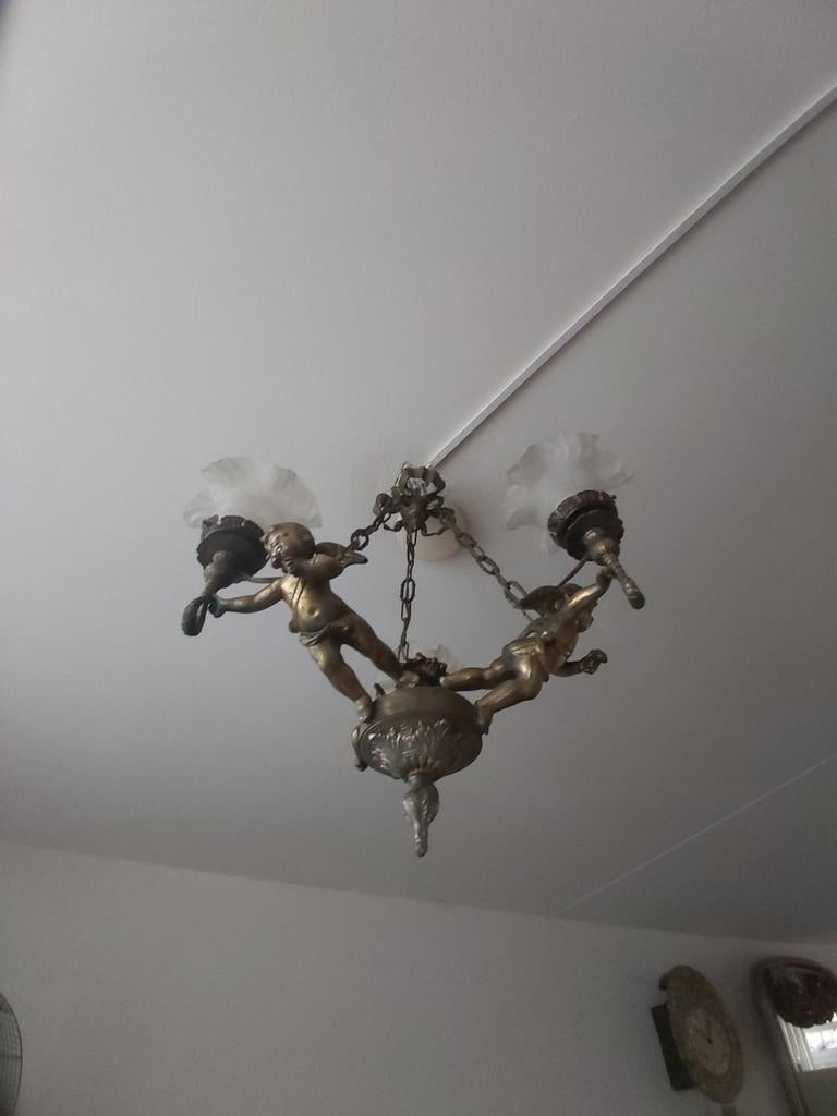 Gave antieke bronzen cupido lamp / met 3 engelen en glazen, Ophalen of Verzenden