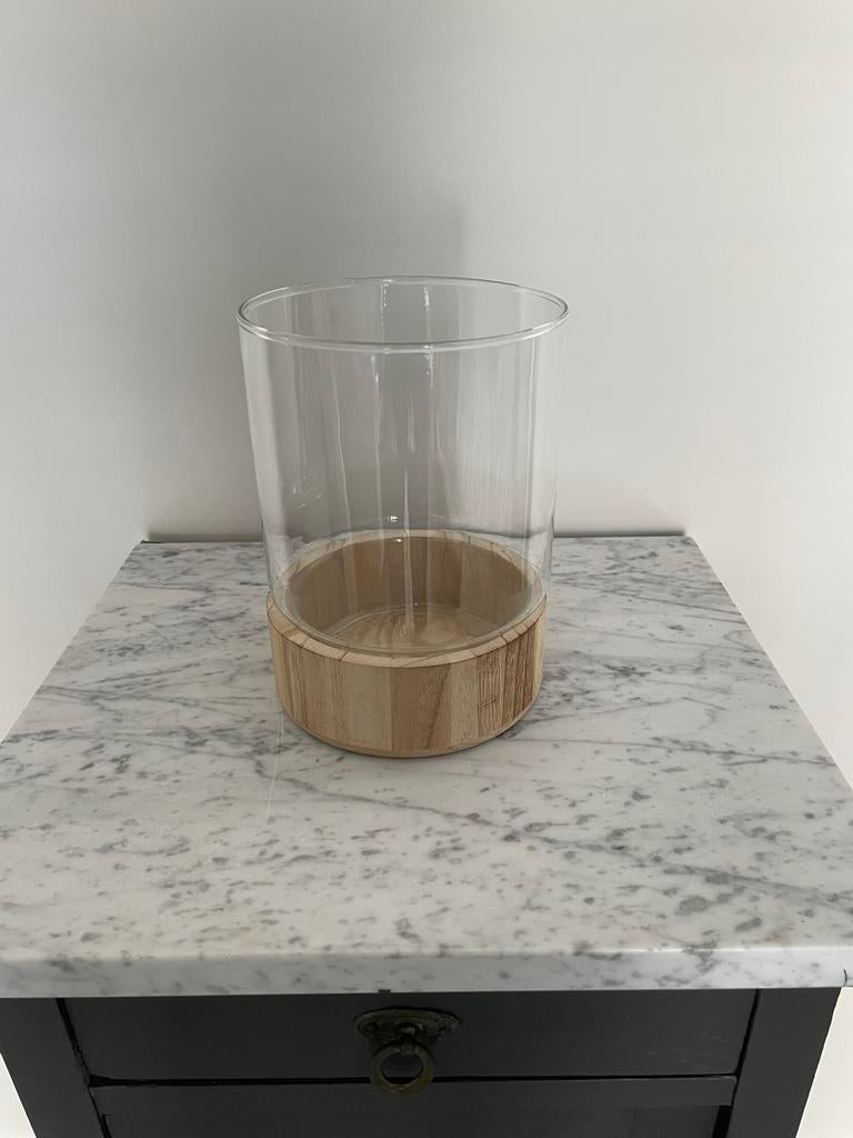Glazen vaas met houten onderkant, Ophalen, Gebruikt, Overige kleuren, Glas