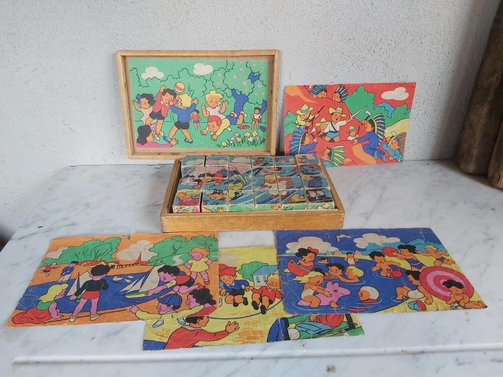 Oude houten blokkenpuzzel in houten doos, Ophalen of Verzenden