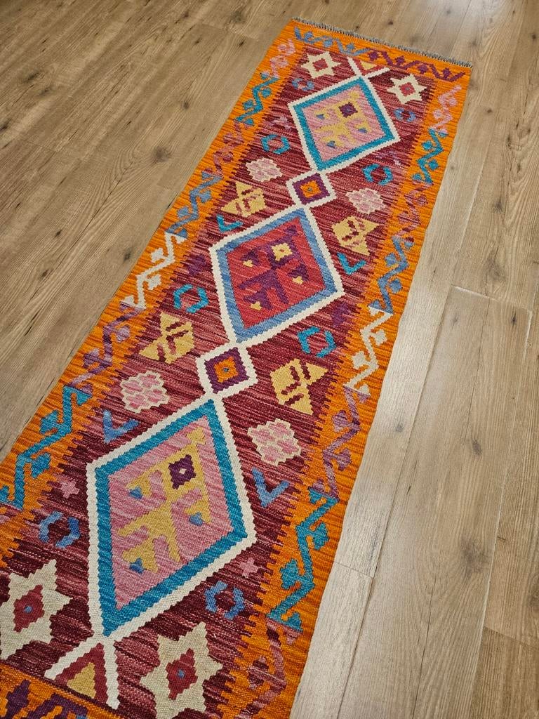 Handgeweven oosterse wollen kelim loper 195x62, Huis en Inrichting, Info@SlatsAntiek.nl, Vof Slats Antiek, Crème, Kelim