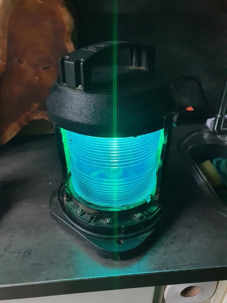 Mooie grote vintage aqua signal van glas en ijzer, made in g, Antiek en Kunst, Antiek | Lampen, Ophalen of Verzenden