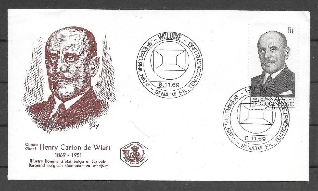 Belgie 1969 FDC Carton de Wiart, Postzegels en Munten, Postzegels | Europa | België, Verzenden, Gestempeld