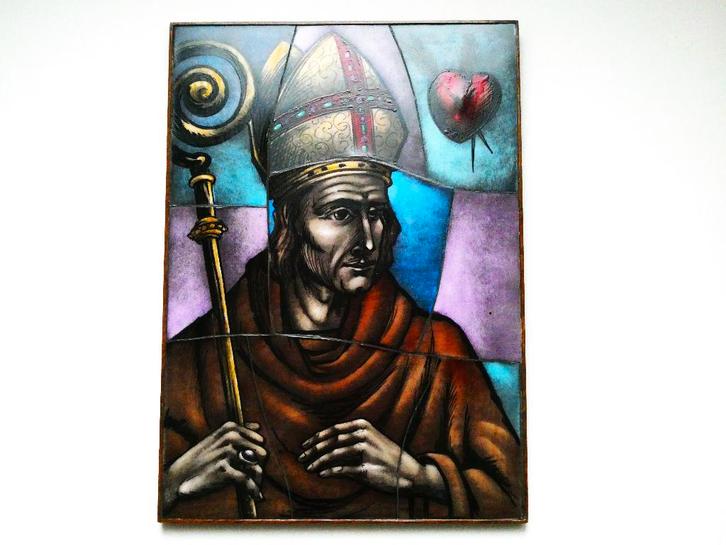 Opaline gebrandschilderd glazen icoon van een Bisschop, Antiek en Kunst, Antiek | Religie, Ophalen of Verzenden